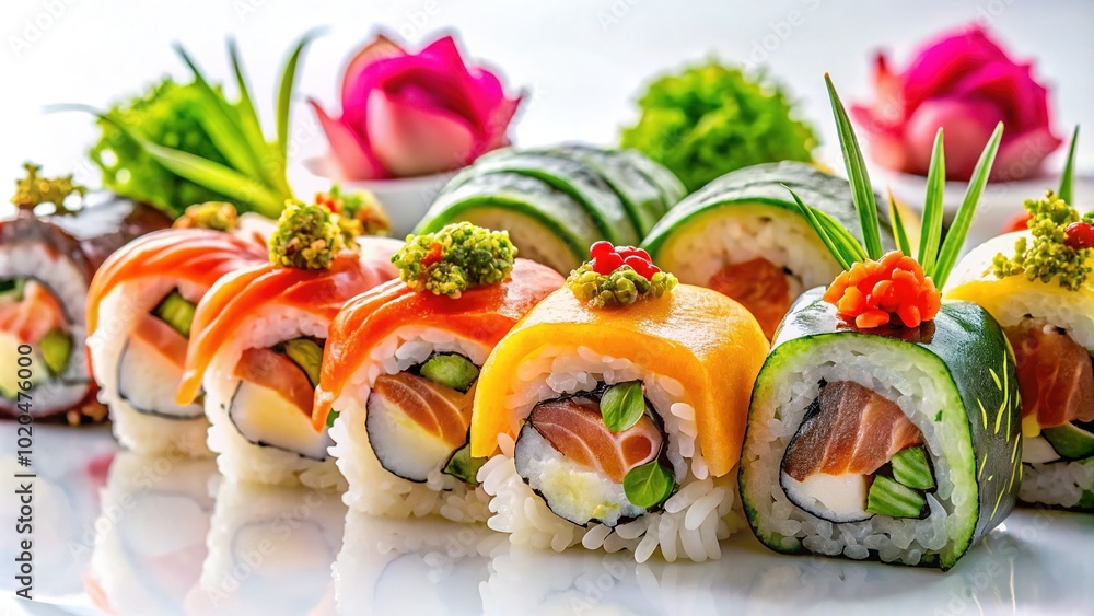 Exquisite Sushi Pieces with Unique Toppings on a Clean Background for Culinary Photography Exquisite Sushi Pieces with Unique Toppings on a Clean Background for Culinary Photography