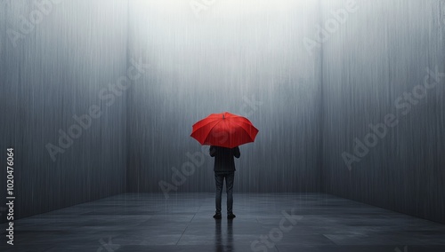 A man on his hands with an orange parapluie, in an orange and grey environment photo