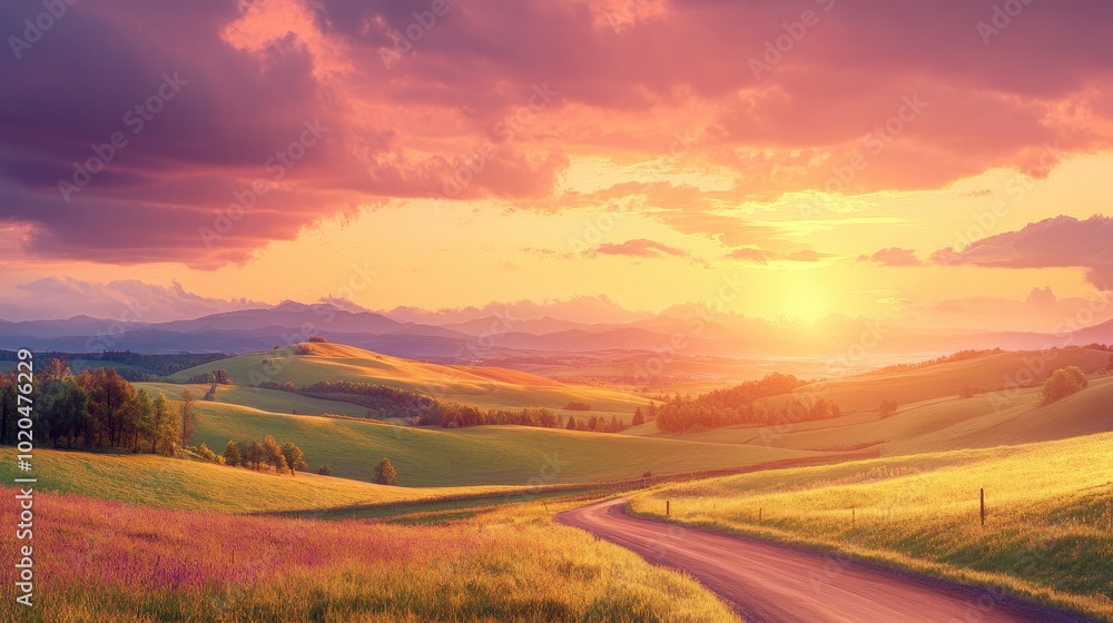 Fototapeta premium A scenic countryside landscape featuring rolling hills, a winding road, and a vibrant sunset, ideal for nature and travel themes