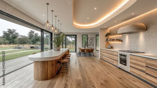 a coastal modern kitchen with a curved small island, oak timber flooring, a curved range hood made with plaster, a large window next to the range hood. coastal modern theme