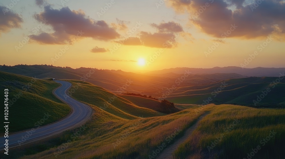 A scenic countryside landscape with rolling hills, a meandering road, and a dramatic sunset, perfect for outdoor travel visuals A scenic countryside landscape with rolling hills, a meandering road, and a dramatic sunset, perfect for outdoor travel visuals