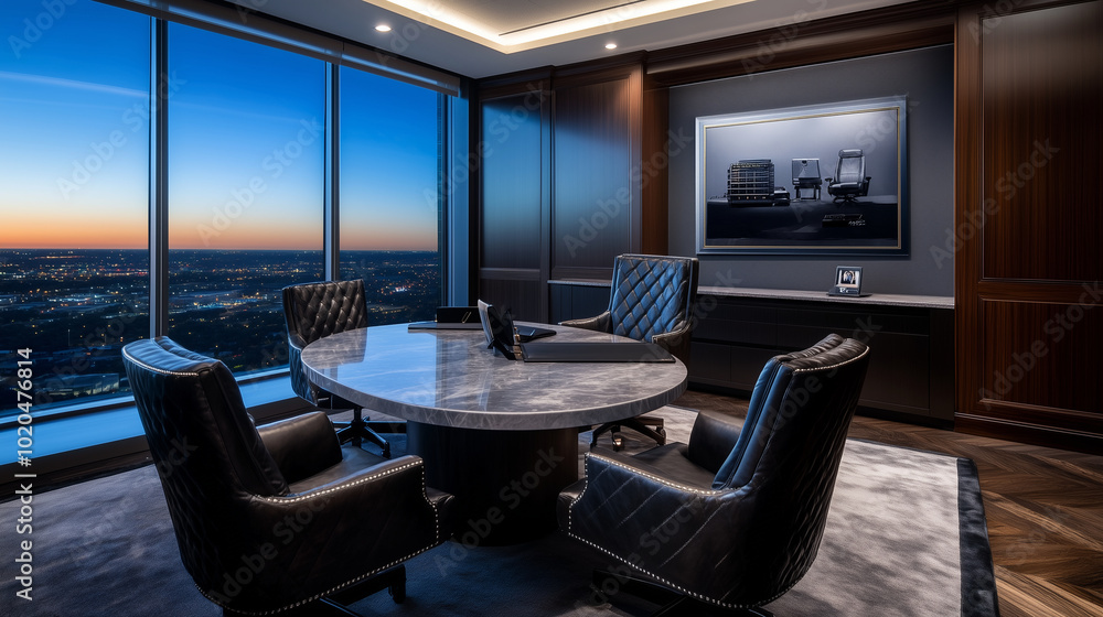 A luxurious executive office with a round marble meeting table and plush velvet chairs. The CEOâÂÂs grand desk is positioned near a wide window, offering panoramic views, and a large A luxurious executive office with a round marble meeting table and plush velvet chairs. The CEOâÂÂs grand desk is positioned near a wide window, offering panoramic views, and a large