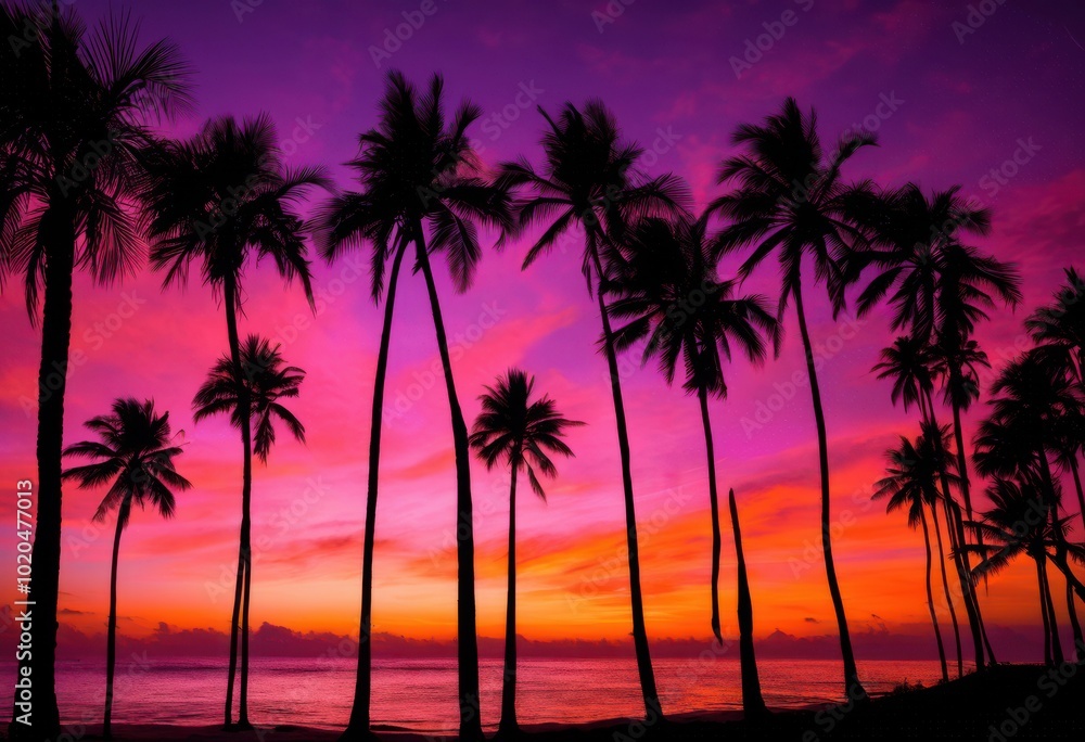 stunning exotic palm tree silhouette set vibrant sunset backdrop breathtaking color gradient warm light, nature, landscape, tropical, sky, evening, beautiful stunning exotic palm tree silhouette set vibrant sunset backdrop breathtaking color gradient warm light, nature, landscape, tropical, sky, evening, beautiful