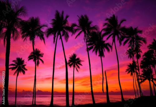 stunning exotic palm tree silhouette set vibrant sunset backdrop breathtaking color gradient warm light, nature, landscape, tropical, sky, evening, beautiful