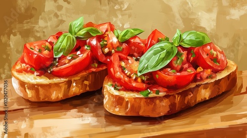 Two slices of bruschetta topped with tomatoes and basil.