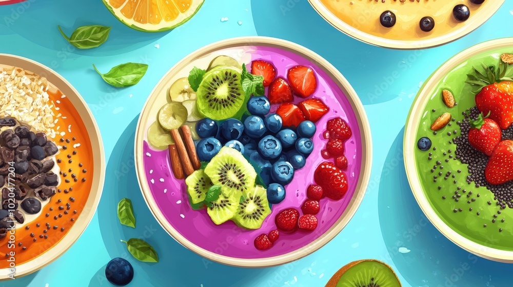 Four bowls of colorful fruit smoothies. Four bowls of colorful fruit smoothies.