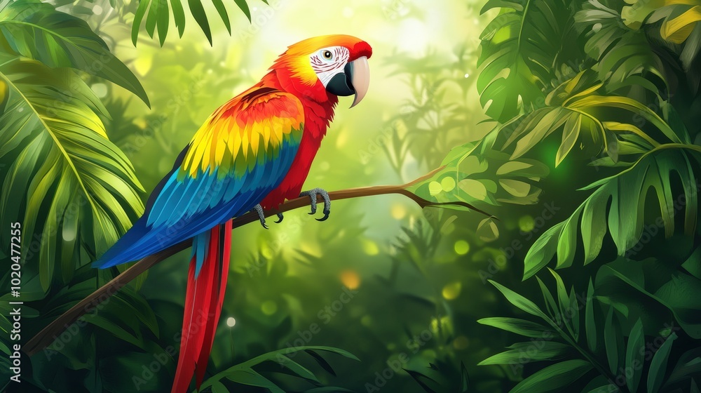 A colorful parrot perched on a branch in lush greenery. A colorful parrot perched on a branch in lush greenery.