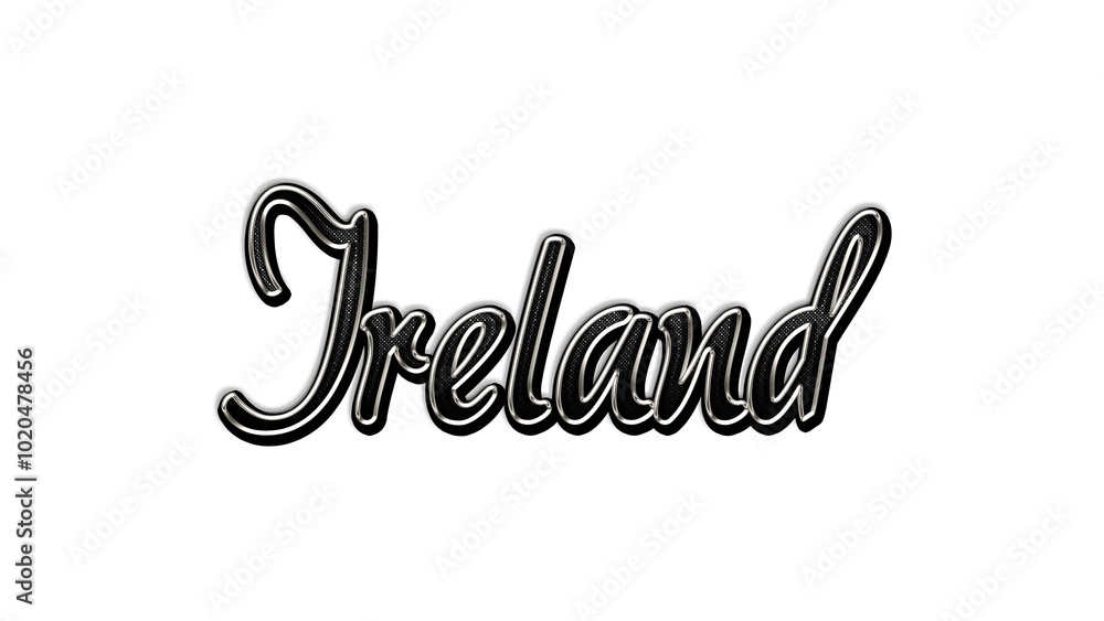 black metal 3d design of Country name Ireland on white background. black metal 3d design of Country name Ireland on white background.