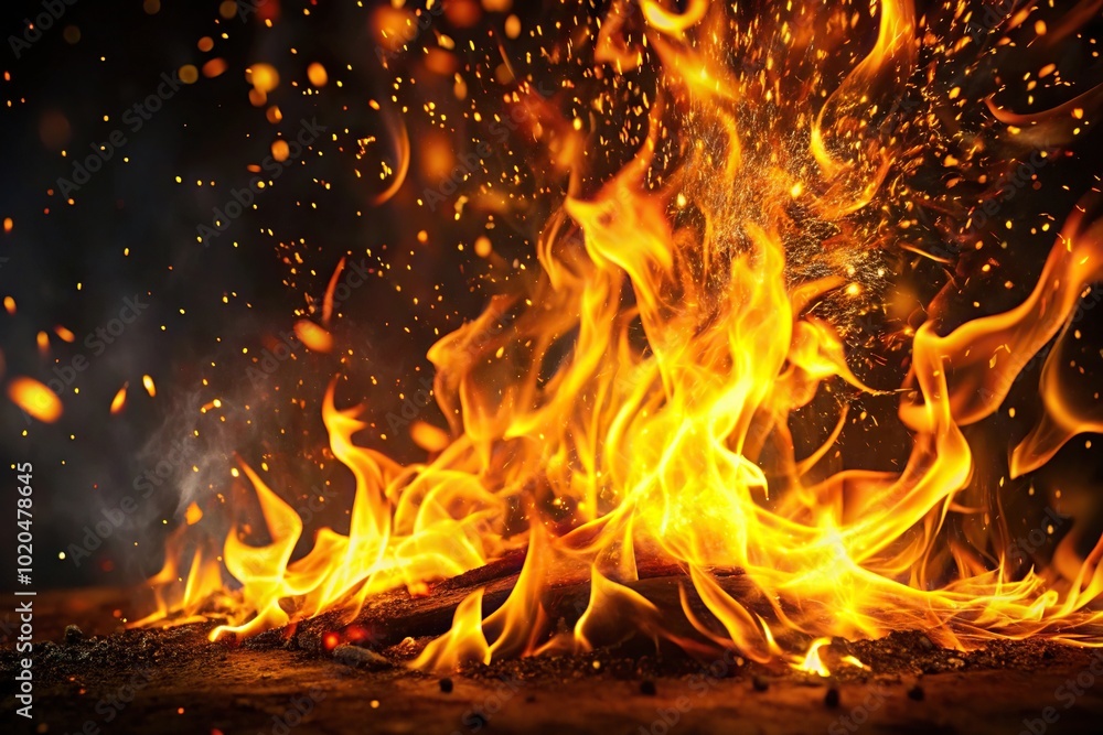 Fiery flames dancing against dark background with flying sparks Fiery flames dancing against dark background with flying sparks