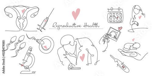 Reproductive health set in oneline style. Continuous line drawing of Reproductive and pregnancy icons. Reproductive technology or vitro fertilization
