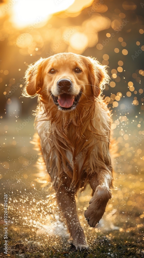Dog running through the water with its mouth open, animal background Dog running through the water with its mouth open, animal background