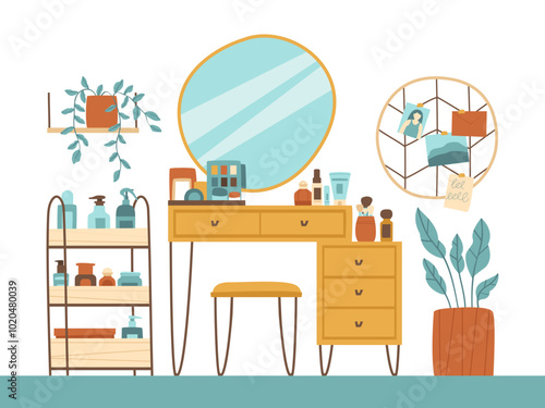 Vanity table with cosmetics in the interior. Mirror, cosmetics, vanity table, indoor flowers, pouf, shelves for cosmetics, photo frame. Flat vector illustration.