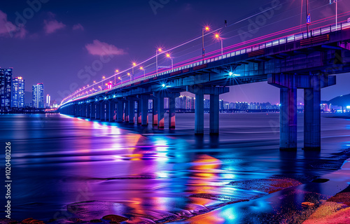 Illuminated bridge over river with colorful reflections and city skyline at night