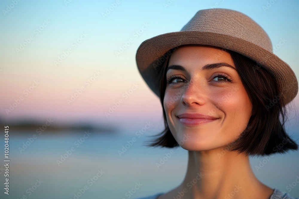 A stylish, beautiful young woman looks at the beach while wearing a coat and hat. A stylish, beautiful young woman looks at the beach while wearing a coat and hat.