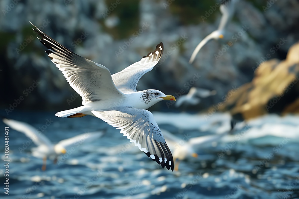 A seagull soaring over the ocean, surrounded by rocky cliffs and other birds in flight. A seagull soaring over the ocean, surrounded by rocky cliffs and other birds in flight.