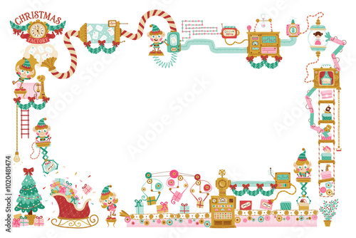 Christmas template Factory Santa Claus, elves read letters, pack gifts, toys for children. Hand-drawn vector cartoon illustration in retro style, fantasy mechanisms and conveyors. white background.