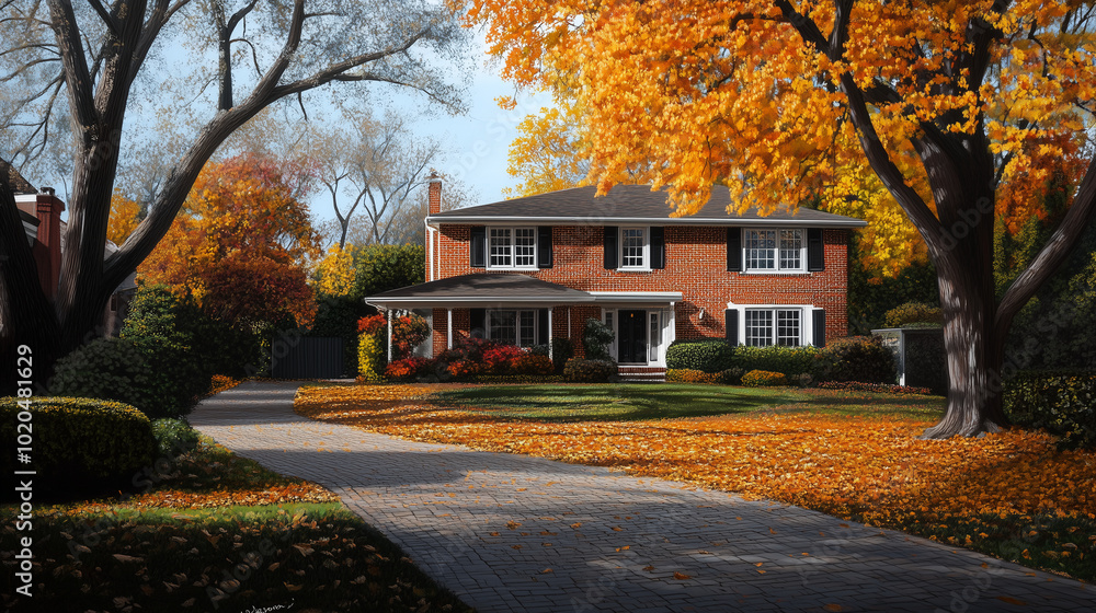 Naklejka premium A picturesque backyard scene, where a brick-and-wood suburban home is surrounded by colorful autumn trees. The garden is alive with shades of amber, crimson, and gold, creating a s