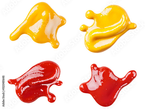 Mustard and ketchup splatters isolated transparent background