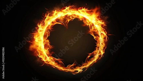 Fiery ring of flames with glowing energy effect on black background minimalist