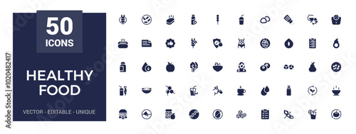 Healthy food solid icons set. Halal food icon collection. Filled symbol collection. Glyph icon pack for web and ui. Editable and pixel perfect, Vector illustration.