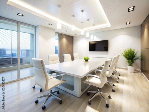 Minimalist Conference Room with White Table, Chairs, and Blank TV Screen - Modern Business Environment