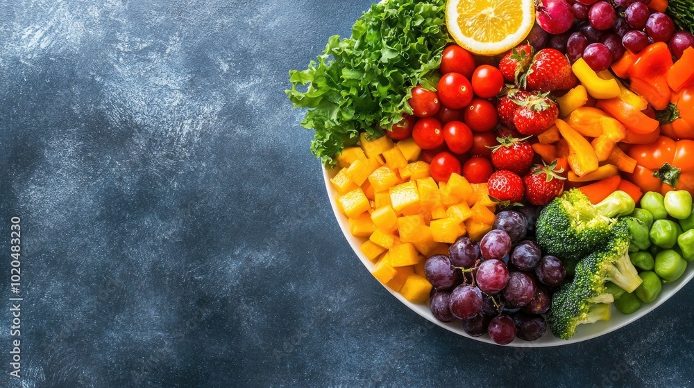 A well-balanced children's plate with lean proteins, vegetables, and fruits, presented with ample space for text A well-balanced children's plate with lean proteins, vegetables, and fruits, presented with ample space for text