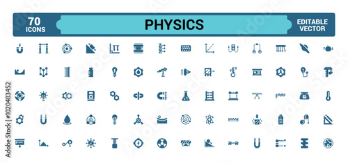 Physics solid icons set. Relatate to atom, brain and more, Filled icon collection, Glyph symbol for web and ui. Editable and pixel perfect, Vector illustration.