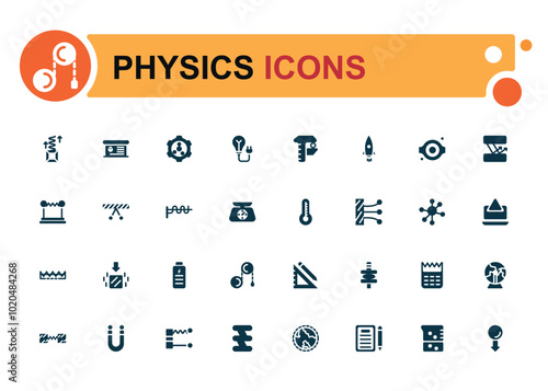 Physics solid icons set. Relatate to atom, brain and more, Filled icon collection, Glyph symbol for web and ui. Editable and pixel perfect, Vector illustration.