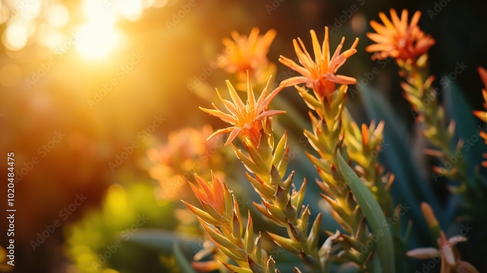 A beautiful plant with bright red flowers is standing tall in the foreground. The flowers are in the middle of the plant, and they are surrounded by green leaves. The sunlight is shining on the plant A beautiful plant with bright red flowers is standing tall in the foreground. The flowers are in the middle of the plant, and they are surrounded by green leaves. The sunlight is shining on the plant