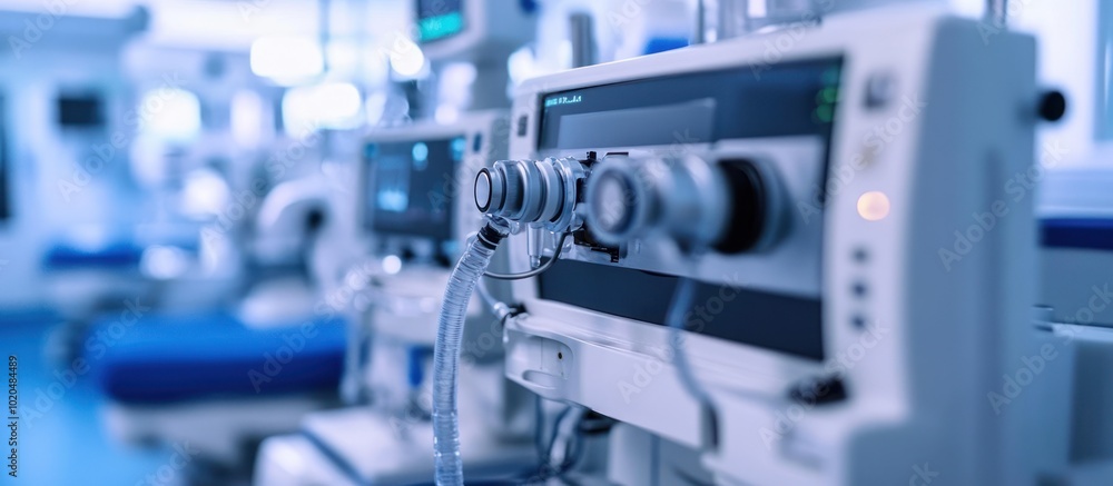 Closeup of a medical ventilator machine in a hospital room. Closeup of a medical ventilator machine in a hospital room.