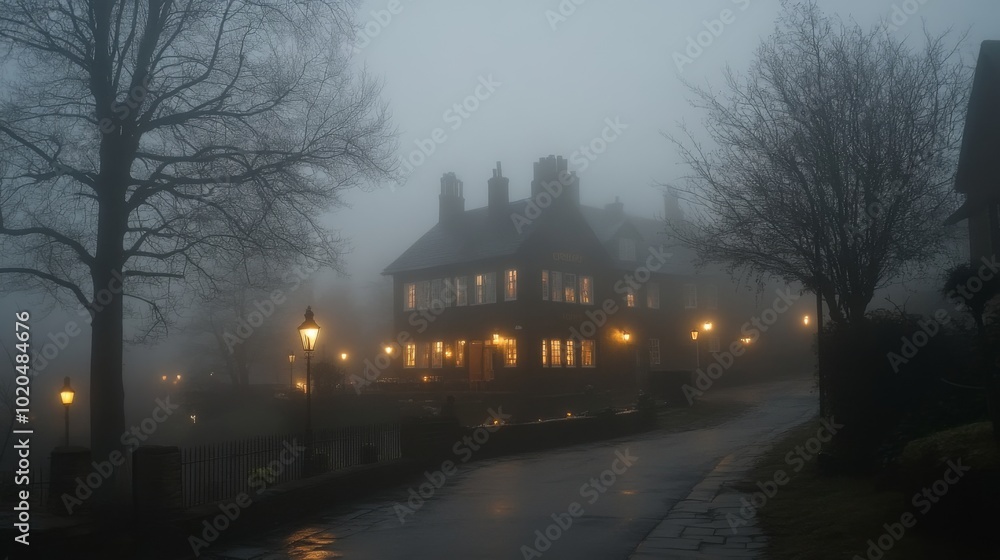 Foggy English Village Street with a Lit Pub Foggy English Village Street with a Lit Pub