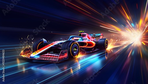 Futuristic race car speeding through neon tunnel, dynamic technology concept