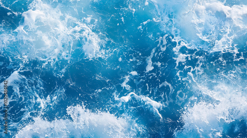 Blue Sea Texture with Waves and Foam: A close-up of the ocean surface, capturing the texture of blue water with waves and foam, ideal for creating a sea-themed design.