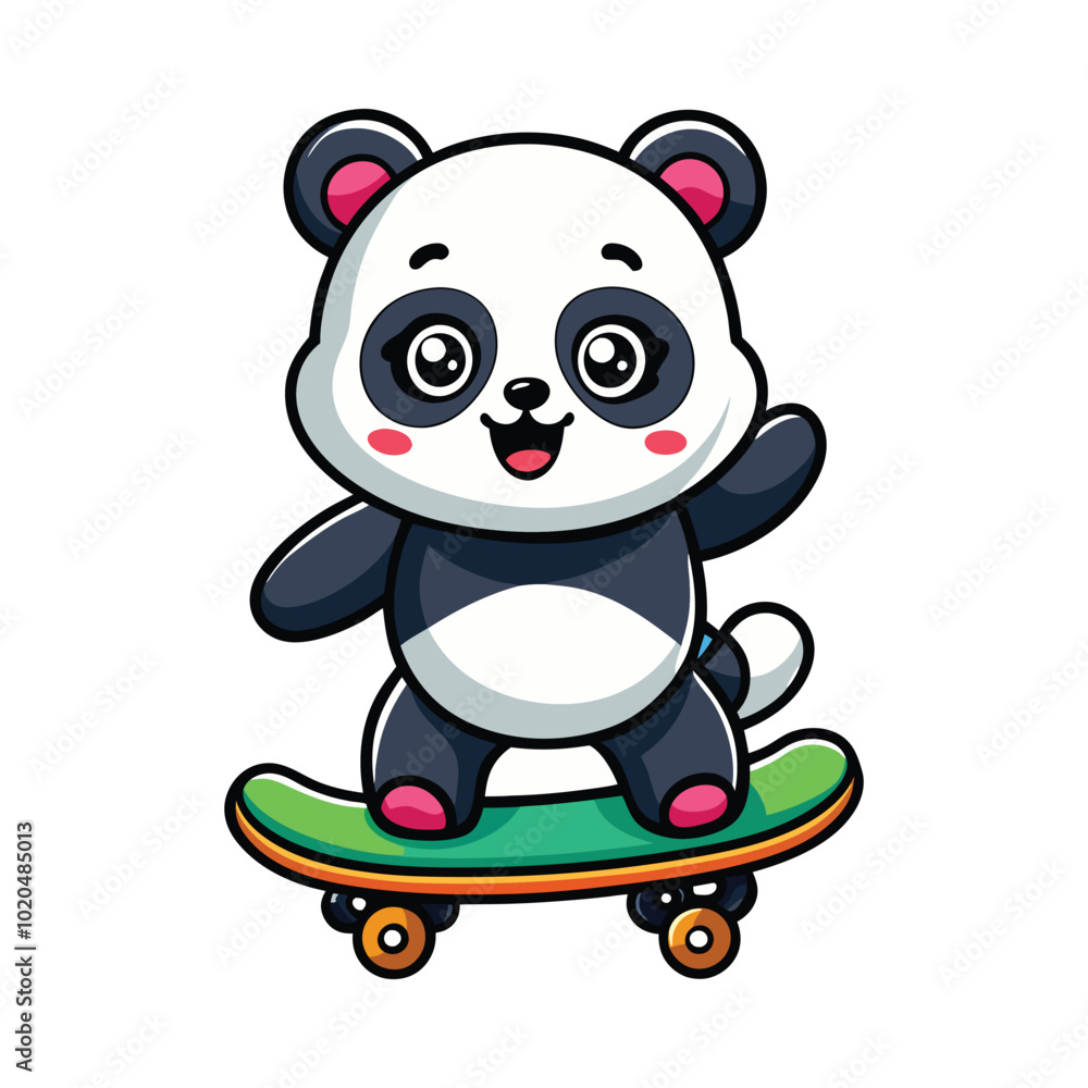 Fototapeta premium A panda playing skateboarding. Adorable Panda Skateboarding Illustration - Fun Cartoon Animal Vector for Kids and Designs 