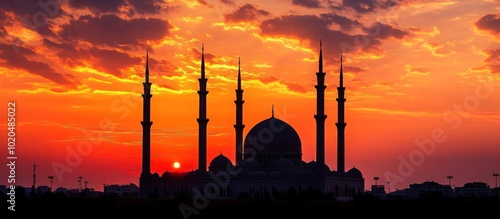 Silhouette of a mosque with six minarets against a fiery sunset sky.