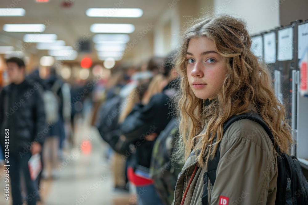 Student standing in a hallway with a backpack Student standing in a hallway with a backpack