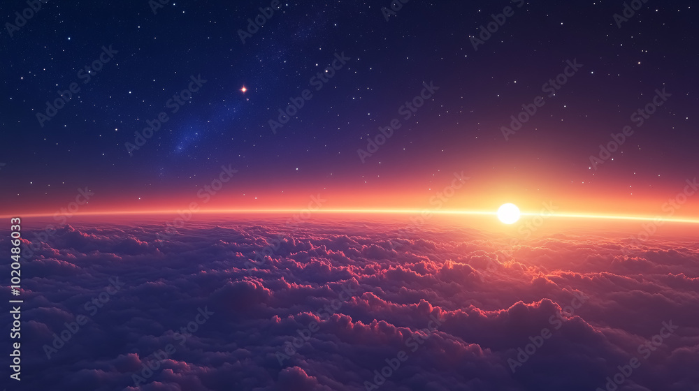 Blue starry sky landscape at dusk against red sunset clouds background, wide view of the universe with stars and constellation in deep space. Bright planet at twilight. Astronomy nature Blue starry sky landscape at dusk against red sunset clouds background, wide view of the universe with stars and constellation in deep space. Bright planet at twilight. Astronomy nature