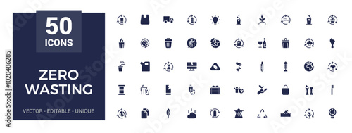 Zero wasting filled icons set. solid symbols isolated on white background. Recycling, Filled sign pack, Glyph symbol for web and ui. Editable and pixel perfect.