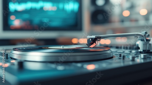 Vinyl record playing on a modern turntable setup with a visual equalizer in the background, showcasing the fusion of analog sound and digital visuals.