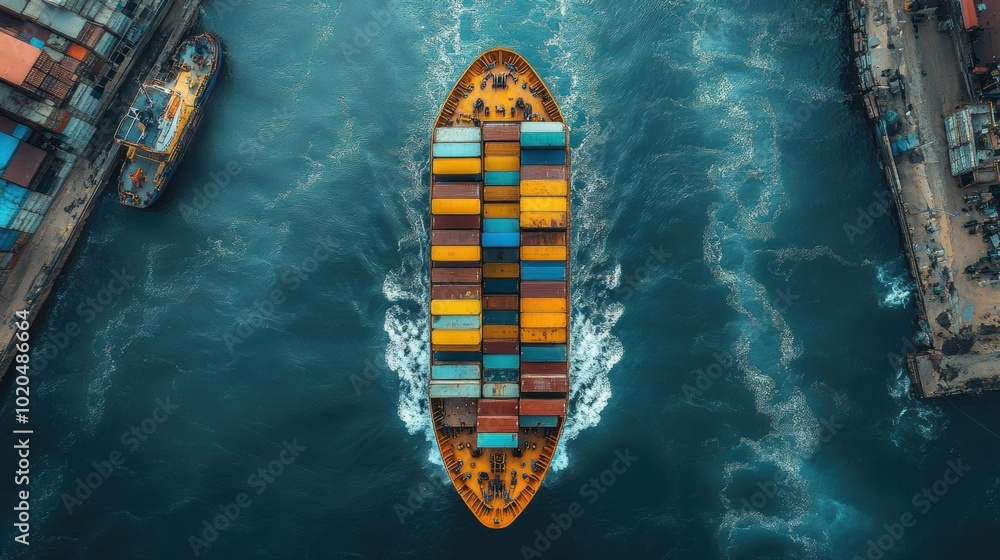 Cargo ship leaving port, vibrant containers and industrial docks, aerial view of maritime transportation, global logistics, international shipping industry, supply chain, waterway commerce Cargo ship leaving port, vibrant containers and industrial docks, aerial view of maritime transportation, global logistics, international shipping industry, supply chain, waterway commerce
