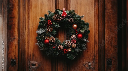 Close-up of a beautifully decorated Christmas wreath with copy space on a wooden door