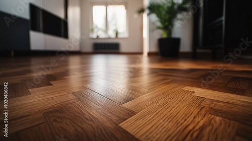 A close-up of a beautifully installed premium oiled oak parquet floor, showcasing the rich texture and warm tones of the wood. The flawless craftsmanship, made in Germany, enhances