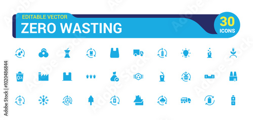 Zero wasting filled icons set. solid symbols isolated on white background. Recycling, Filled sign pack, Glyph symbol for web and ui. Editable and pixel perfect.