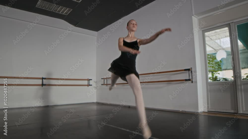 Full length slowmo shot of elegant girl in black leotard and white tights ballet dancing in spacious studio Full length slowmo shot of elegant girl in black leotard and white tights ballet dancing in spacious studio