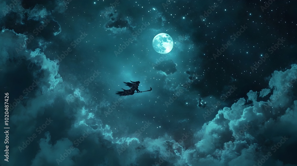 Witch Soaring Through a Mystical Starry Night Sky with a Full Moon and Shadowy Clouds Witch Soaring Through a Mystical Starry Night Sky with a Full Moon and Shadowy Clouds
