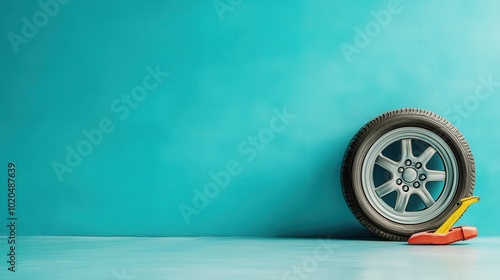 A single car tire with a clamp rests against a bright cyan wall, suggesting themes of mobility and restraint, with a minimalist and modern aesthetic. photo