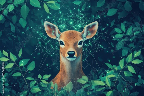 A serene deer emerges from lush foliage, surrounded by a digital aura, symbolizing harmony between nature and technology photo