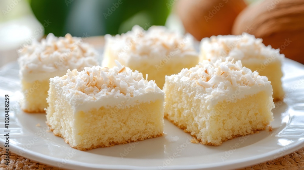 Four pieces of cake with coconut on top. The cake is white and has a coconut topping. The cake is sitting on a wooden table Four pieces of cake with coconut on top. The cake is white and has a coconut topping. The cake is sitting on a wooden table
