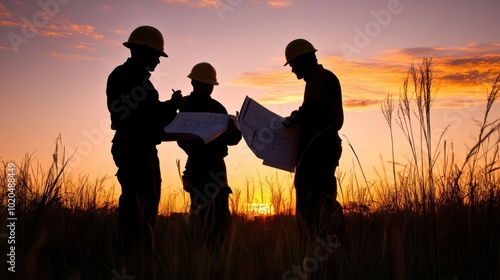 Construction team working in silhouette at sunset, reviewing plans with blueprints in hand as the light fades photo