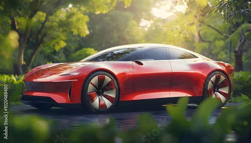 Sleek red concept car in lush green environment, luxury innovation inspiration